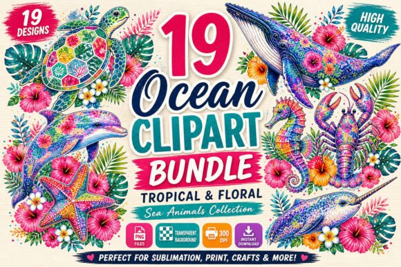 Download Tropical Floral Sea Animals PNG Bundle - Sea animal Collection
