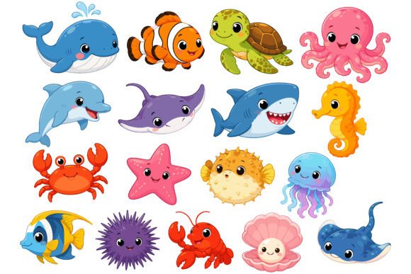 Download Cute Kawaii Sea Animals Clipart Set - Sea animal Collection